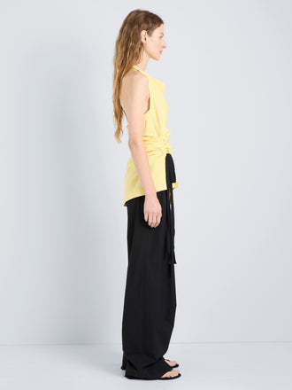 Proenza Schouler Side full length image of model wearing Melia Top in Crinkle Linen Viscose in Yellow