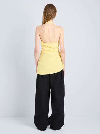 Proenza Schouler Back full length image of model wearing Melia Top in Crinkle Linen Viscose in Yellow