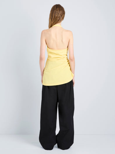Proenza Schouler Back full length image of model wearing Melia Top in Crinkle Linen Viscose in Yellow