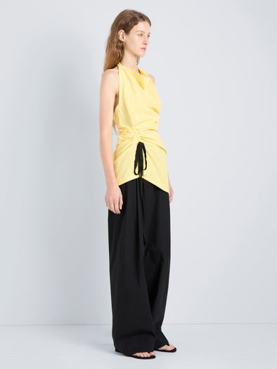 Proenza Schouler Detail image of model wearing Melia Top in Crinkle Linen Viscose in Yellow