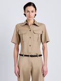 Proenza Schouler Front cropped image of model wearing Nali Top in Wool Gabardine in Khaki