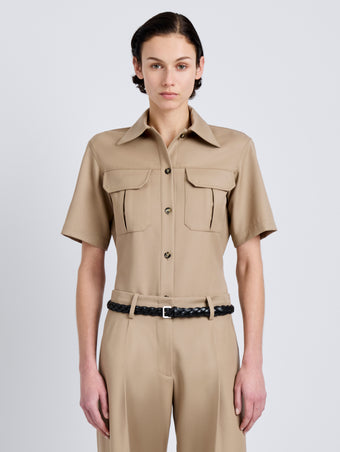 Proenza Schouler Front cropped image of model wearing Nali Top in Wool Gabardine in Khaki