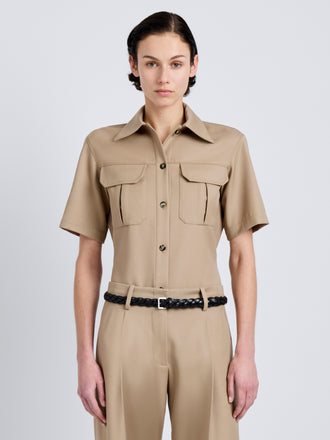 Proenza Schouler Front cropped image of model wearing Nali Top in Wool Gabardine in Khaki
