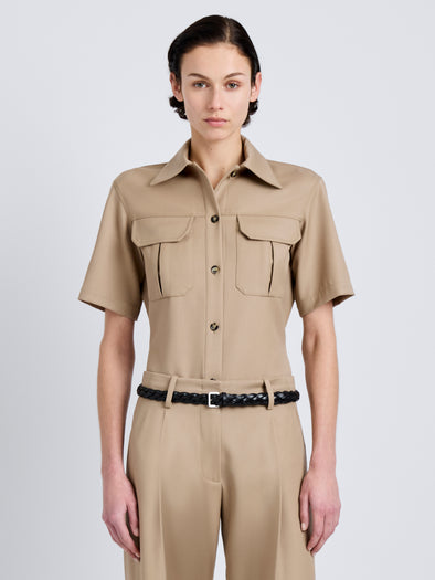 Proenza Schouler Front cropped image of model wearing Nali Top in Wool Gabardine in Khaki