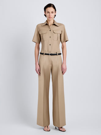 Proenza Schouler Front full length image of model wearing Nali Top in Wool Gabardine in Khaki