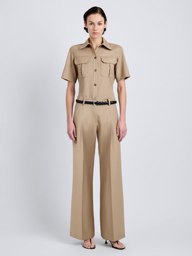 Proenza Schouler Front full length image of model wearing Nali Top in Wool Gabardine in Khaki
