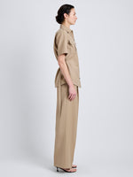 Proenza Schouler Side full length image of model wearing Nali Top in Wool Gabardine in Khaki