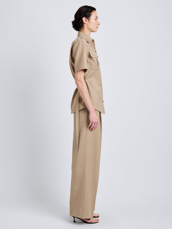Proenza Schouler Side full length image of model wearing Nali Top in Wool Gabardine in Khaki