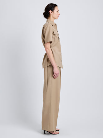Proenza Schouler Side full length image of model wearing Nali Top in Wool Gabardine in Khaki