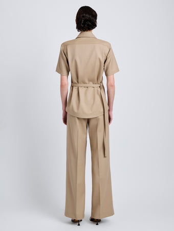 Proenza Schouler Back full length image of model wearing Nali Top in Wool Gabardine in Khaki