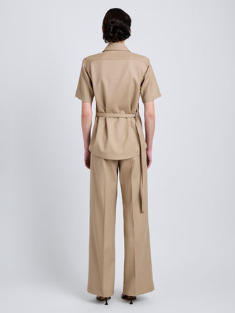 Proenza Schouler Back full length image of model wearing Nali Top in Wool Gabardine in Khaki