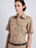 Proenza Schouler Detail image of model wearing Nali Top in Wool Gabardine in Khaki