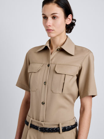 Proenza Schouler Detail image of model wearing Nali Top in Wool Gabardine in Khaki