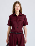 Proenza Schouler Front cropped image of model wearing Nali Top in Wool Gabardine in Oxblood