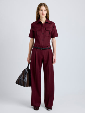 Proenza Schouler Front full length image of model wearing Nali Top in Wool Gabardine in Oxblood