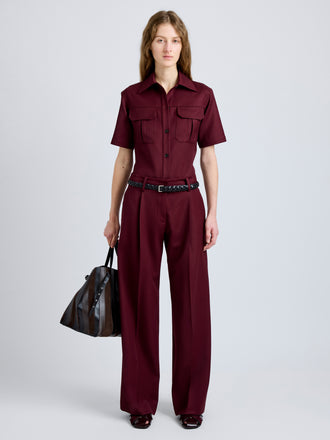 Proenza Schouler Front full length image of model wearing Nali Top in Wool Gabardine in Oxblood