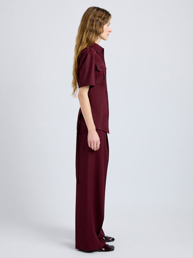 Proenza Schouler Side full length image of model wearing Nali Top in Wool Gabardine in Oxblood