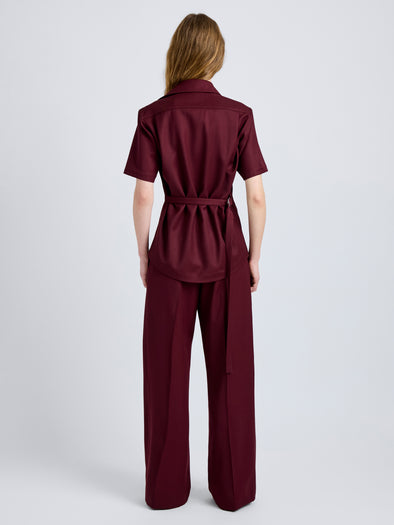 Proenza Schouler Back full length image of model wearing Nali Top in Wool Gabardine in Oxblood
