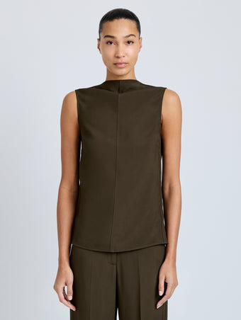 Proenza Schouler Front cropped image of model wearing Defni Top in Eco Hammered Viscose in Cypress