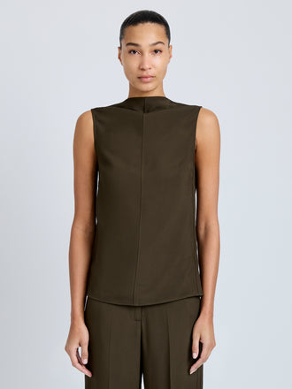 Proenza Schouler Front cropped image of model wearing Defni Top in Eco Hammered Viscose in Cypress