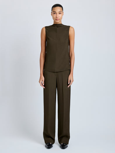 Proenza Schouler Front full length image of model wearing Defni Top in Eco Hammered Viscose in Cypress