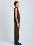 Proenza Schouler Side full length image of model wearing Defni Top in Eco Hammered Viscose in Cypress