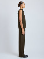 Proenza Schouler Side full length image of model wearing Defni Top in Eco Hammered Viscose in Cypress