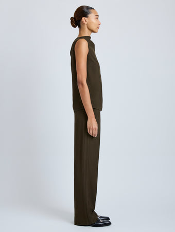 Proenza Schouler Side full length image of model wearing Defni Top in Eco Hammered Viscose in Cypress