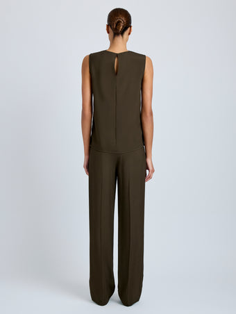 Proenza Schouler Back full length image of model wearing Defni Top in Eco Hammered Viscose in Cypress