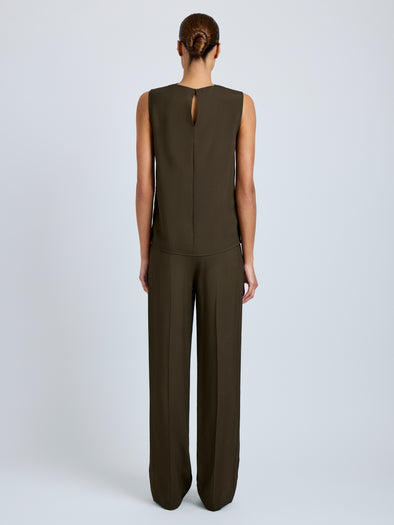 Proenza Schouler Back full length image of model wearing Defni Top in Eco Hammered Viscose in Cypress