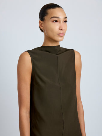 Proenza Schouler Detail image of model wearing Defni Top in Eco Hammered Viscose in Cypress