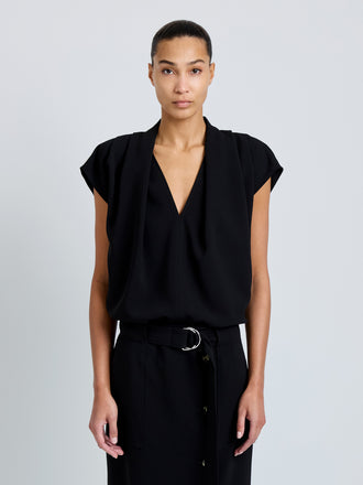 Proenza Schouler Front cropped image of model wearing Ranli Top in Matte Double Crepe in Black
