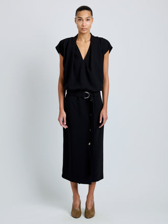 Proenza Schouler Front full length image of model wearing Ranli Top in Matte Double Crepe in Black