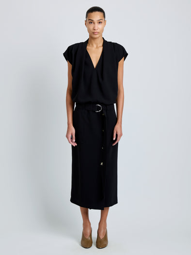 Proenza Schouler Front full length image of model wearing Ranli Top in Matte Double Crepe in Black