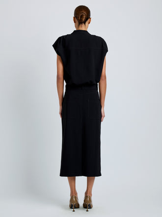 Proenza Schouler Back full length image of model wearing Ranli Top in Matte Double Crepe in Black