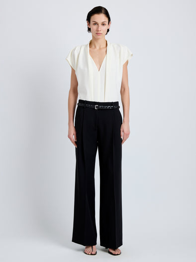 Proenza Schouler Front full length image of model wearing Sukki Jacket in Draped Viscose in Black