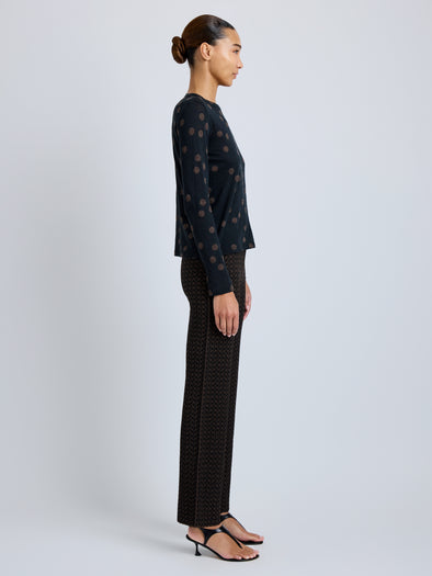 Proenza Schouler Side full length image of model wearing Mia Top in Polka Dot Jersey in Black Multi