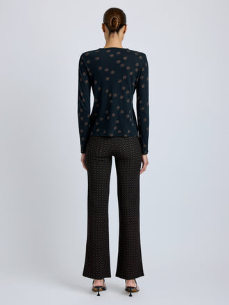 Proenza Schouler Back full length image of model wearing Mia Top in Polka Dot Jersey in Black Multi