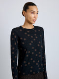Proenza Schouler Detail image of model wearing Mia Top in Polka Dot Jersey in Black Multi