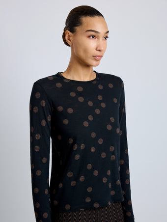 Proenza Schouler Detail image of model wearing Mia Top in Polka Dot Jersey in Black Multi