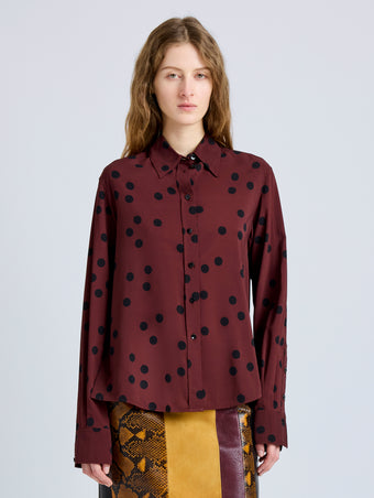 Proenza Schouler Front cropped image of model wearing Paz Shirt in Printed Stretch Vicose in Espresso Multi