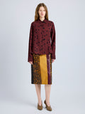 Proenza Schouler Front full length image of model wearing Paz Shirt in Printed Stretch Vicose in Espresso Multi