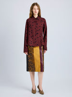 Proenza Schouler Front full length image of model wearing Paz Shirt in Printed Stretch Vicose in Espresso Multi