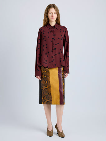 Proenza Schouler Front full length image of model wearing Paz Shirt in Printed Stretch Vicose in Espresso Multi