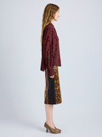 Proenza Schouler Side full length image of model wearing Paz Shirt in Printed Stretch Vicose in Espresso Multi