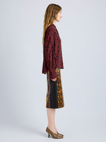 Proenza Schouler Side full length image of model wearing Paz Shirt in Printed Stretch Vicose in Espresso Multi