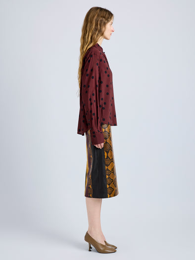 Proenza Schouler Side full length image of model wearing Paz Shirt in Printed Stretch Vicose in Espresso Multi