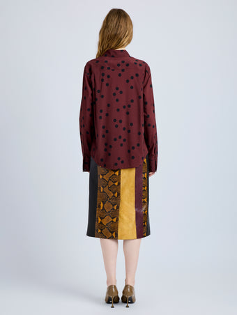 Proenza Schouler Back full length image of model wearing Paz Shirt in Printed Stretch Vicose in Espresso Multi