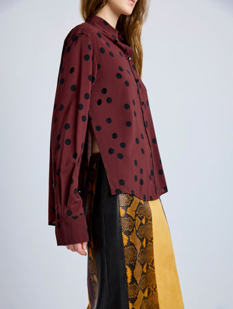 Proenza Schouler Detail image of model wearing Paz Shirt in Printed Stretch Vicose in Espresso Multi