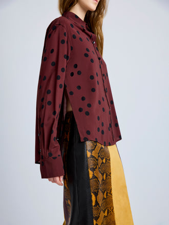 Proenza Schouler Detail image of model wearing Paz Shirt in Printed Stretch Vicose in Espresso Multi